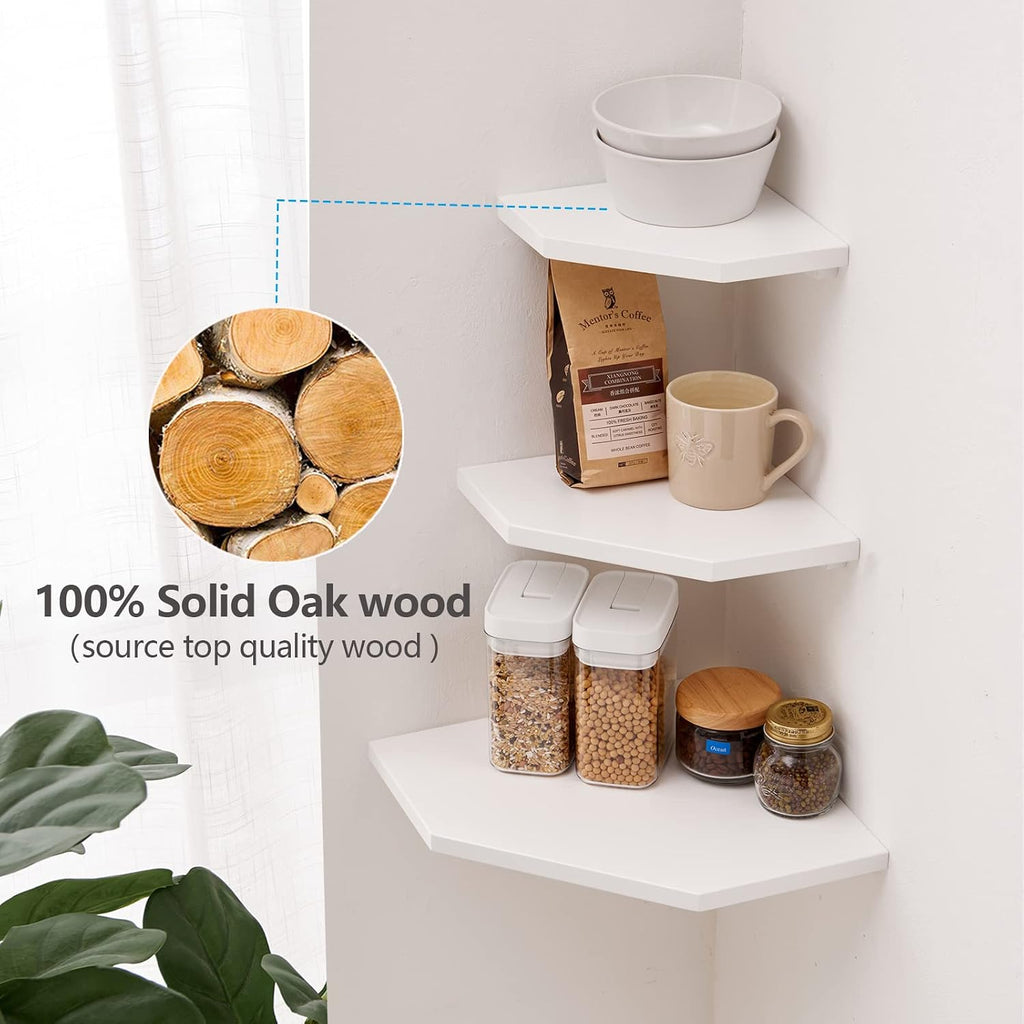 Corner Floating Shelves Set 2 Wire Hole Solid Oak Wood Display Shelf ,White
