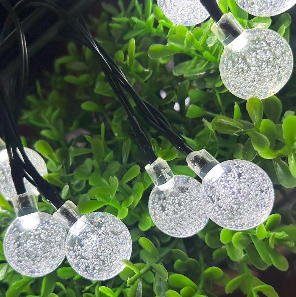 Solar String Lights Outdoor, 20ft Waterproof 30 LEDs 8 Modes Crystal Globe Solar String Fairy Lights Backyard Patio Christmas Lights for Holiday Party Gardens Backyard Wedding (White)