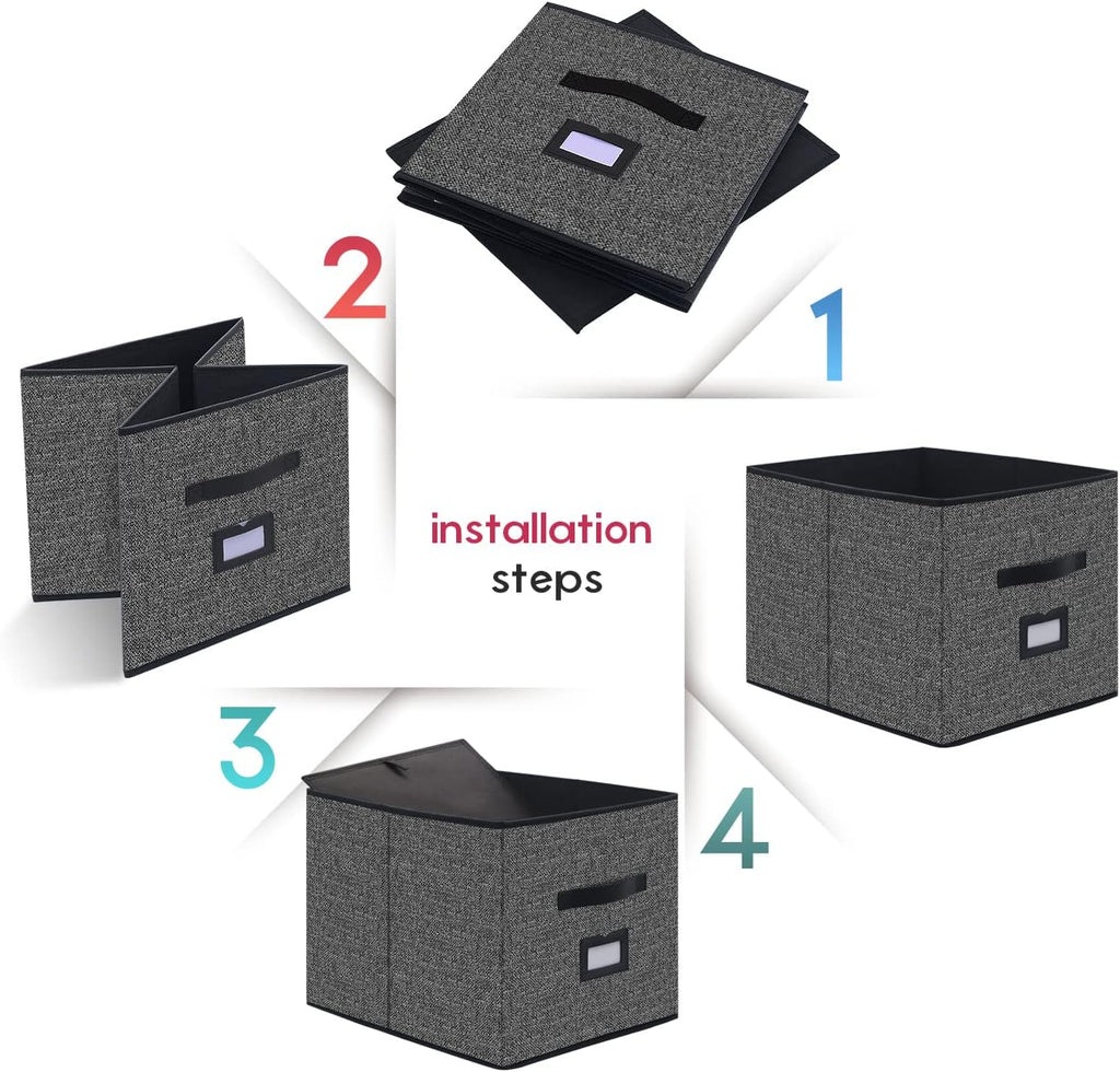 Onlyeasy Extra Large Foldable Cloth Storage Cubes 4 Pack with Label Holders - Fabric Storage Bins Baskets Organizers for Home Office Nursery with Handles, 13 L x 15 W x 13 H Inch, Black, MXABXL04PLP