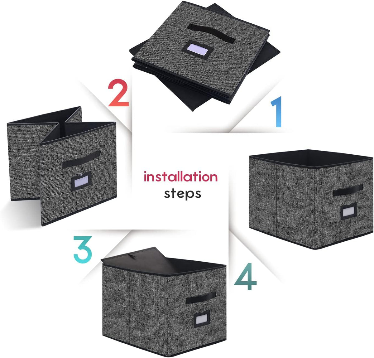 Onlyeasy Extra Large Foldable Cloth Storage Cubes 4 Pack with Label Holders - Fabric Storage Bins Baskets Organizers for Home Office Nursery with Handles, 13 L x 15 W x 13 H Inch, Black, MXABXL04PLP