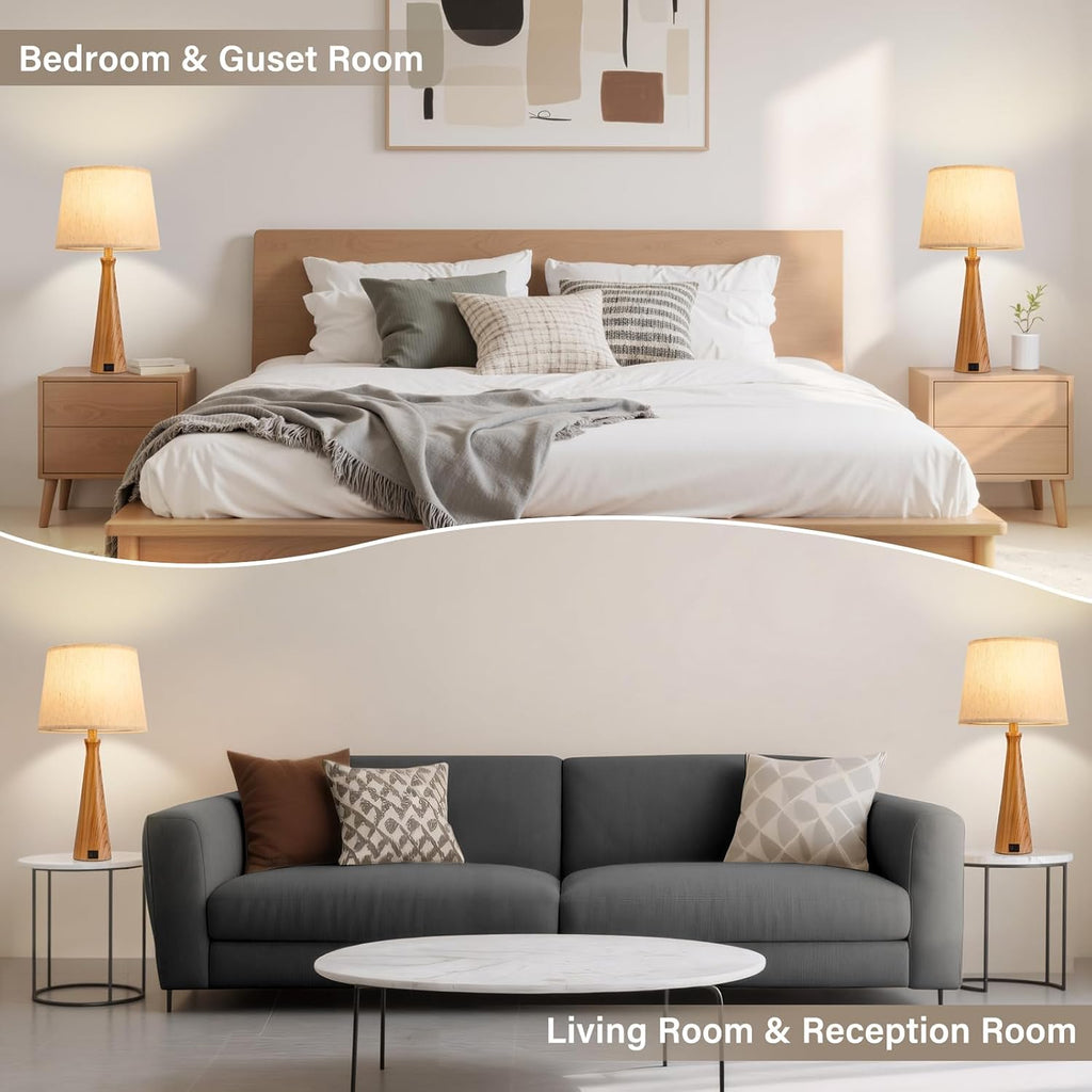 Modern Touch Table Lamps for Living room Set of 2（Imitated Wood Base）