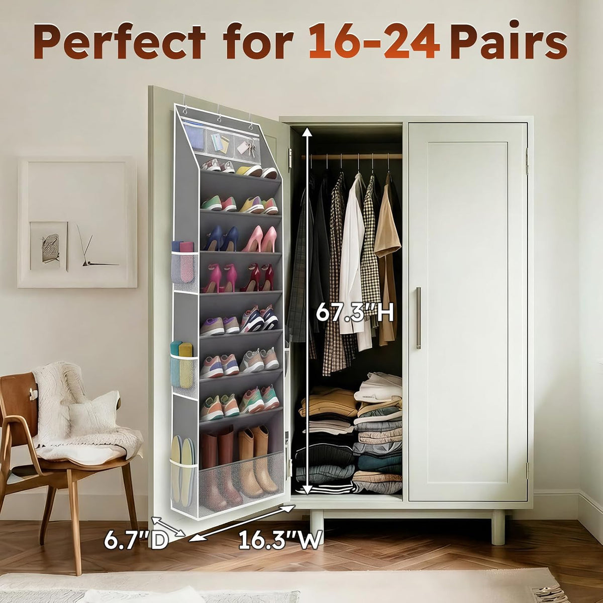 Over the Door Shoe Organizer, 8 Tier Hanging Shoe Organizer with Pockets,