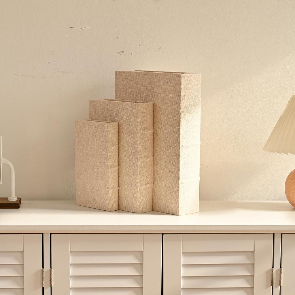 Decorative Book Boxes Set of 3 – Modern Faux Linen & Wood,Beige