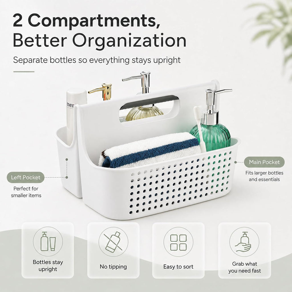 Haundry Portable Shower Caddy Basket, 2 Compartments Plastic Cleaning Caddy Organizer, Large Storage Tote with Handle for Bathroom, College, Dorm Room Essentials, White
