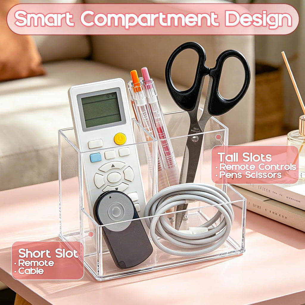 Vowcarol Clear Acrylic Remote Control Holder, 3 Compartments (2 Tall + 1 Low), Small Footprint, Tabletop Storage for TV, AC & Small Items