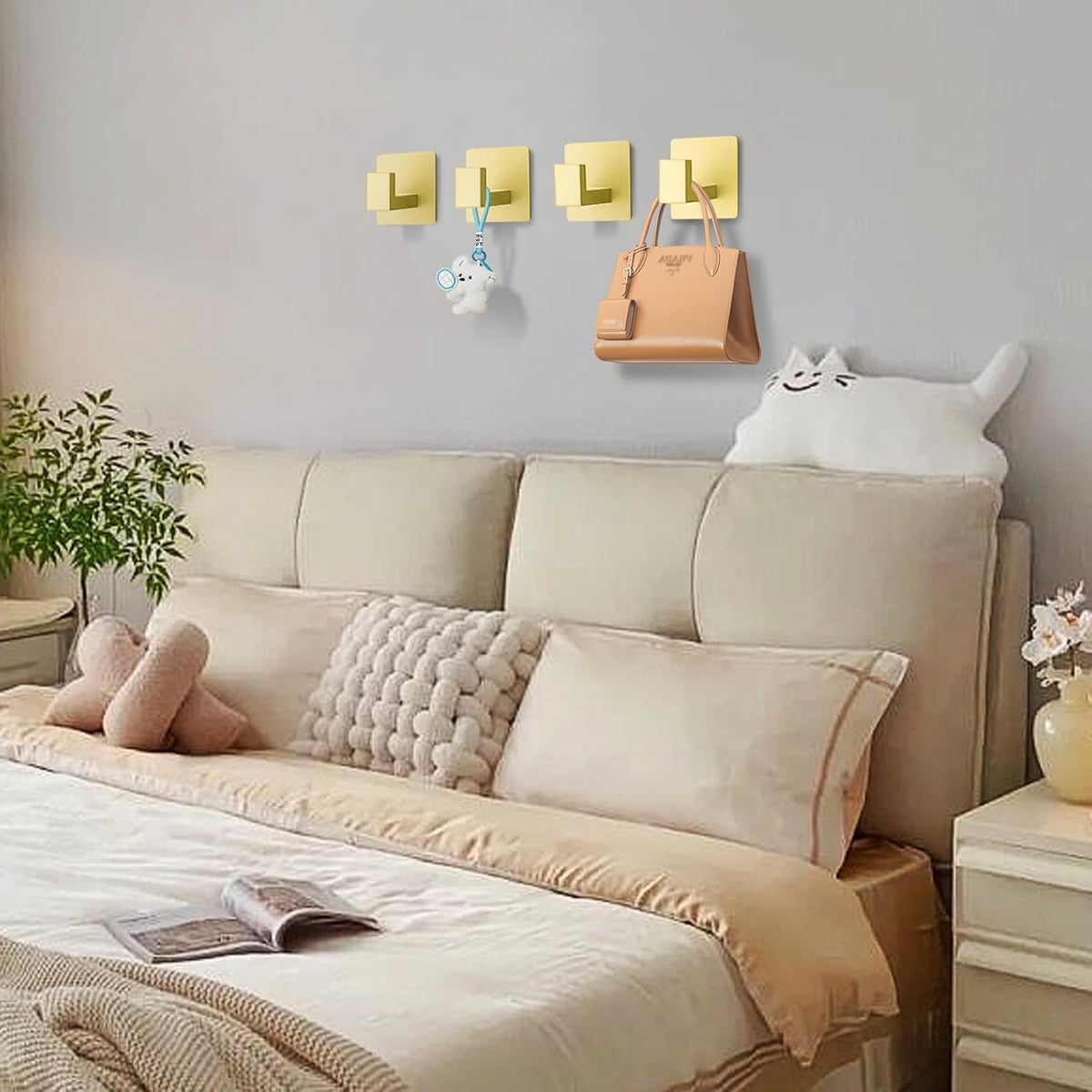 Gold 4 Pack Self Adhesive Wall Hooks,Stainless Steel Stick On Towel Hook,Sturdy No Drilling Robe Hook,Heavy Duty Clothes Hanger Hook,Square Wall Hooks for Bathroom Bedroom Kitchen