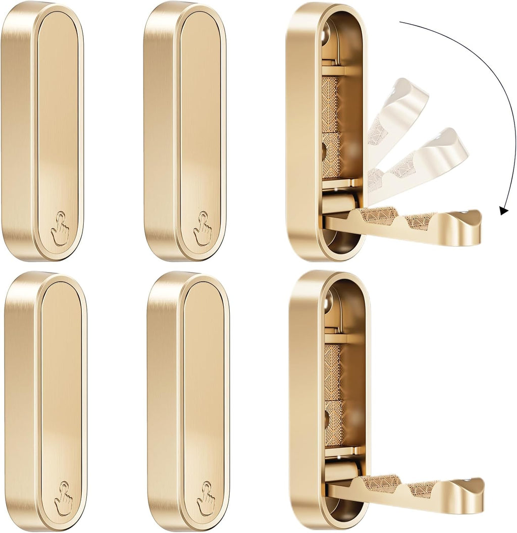 Folding Coat Hooks, Zinc Alloy Foldable Gold Wall Hooks Heavy Duty Bathroom Towel Hooks Flip Down Towel Hooks for Hanging Coat Towels Clothes Hat Bags Keys 2 Pack (6, Golden)