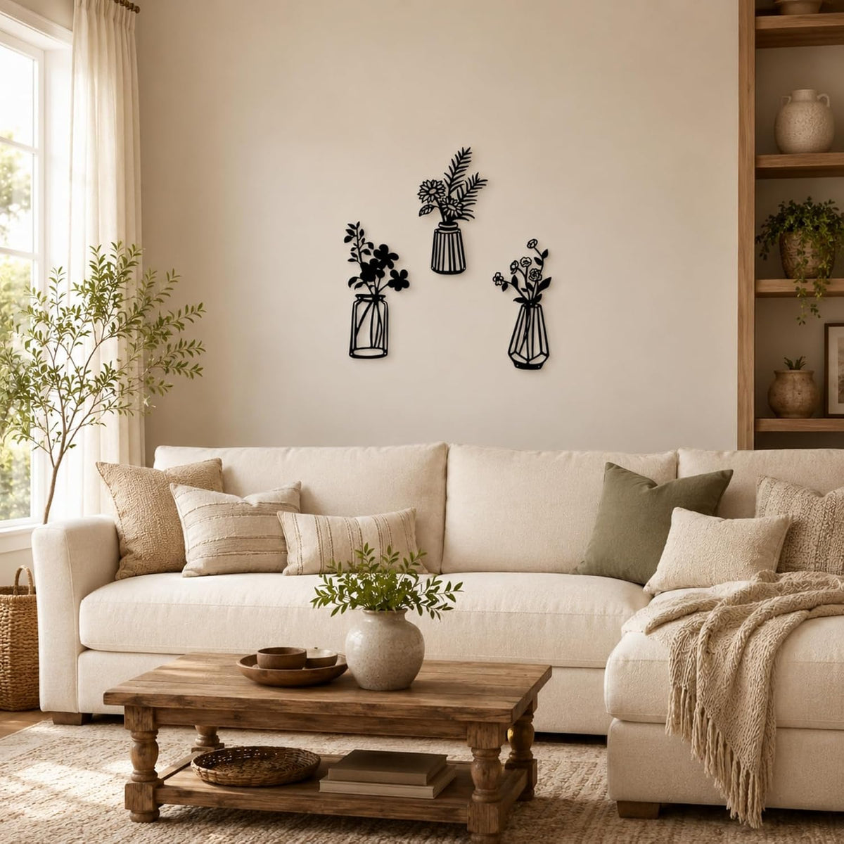 Qzmaikoo 3 Pieces Black Metal Flowers Wall Decor Vase Art Sculptures Hanging for Indoor Kitchen Bathroom Dining Room Patio, 14.56x7.48 Inches