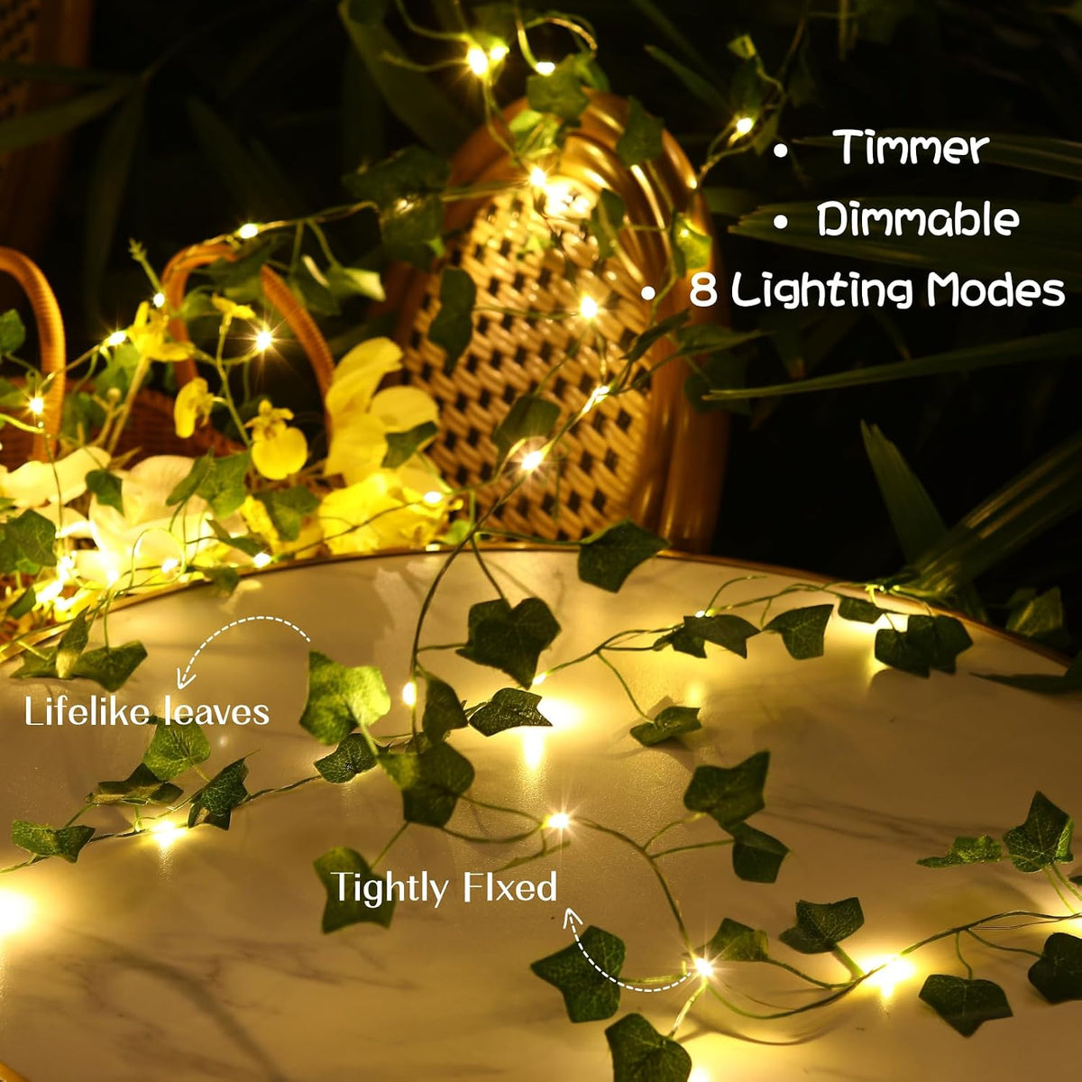 2 Pack Vines with Fairy Lights 40ft 120 LED Ivy String Lights USB Plugin & Battery Operated Leaf Lights with Timer 8 Modes Remote Decorative Light for Bedroom Wedding Party - Warm White