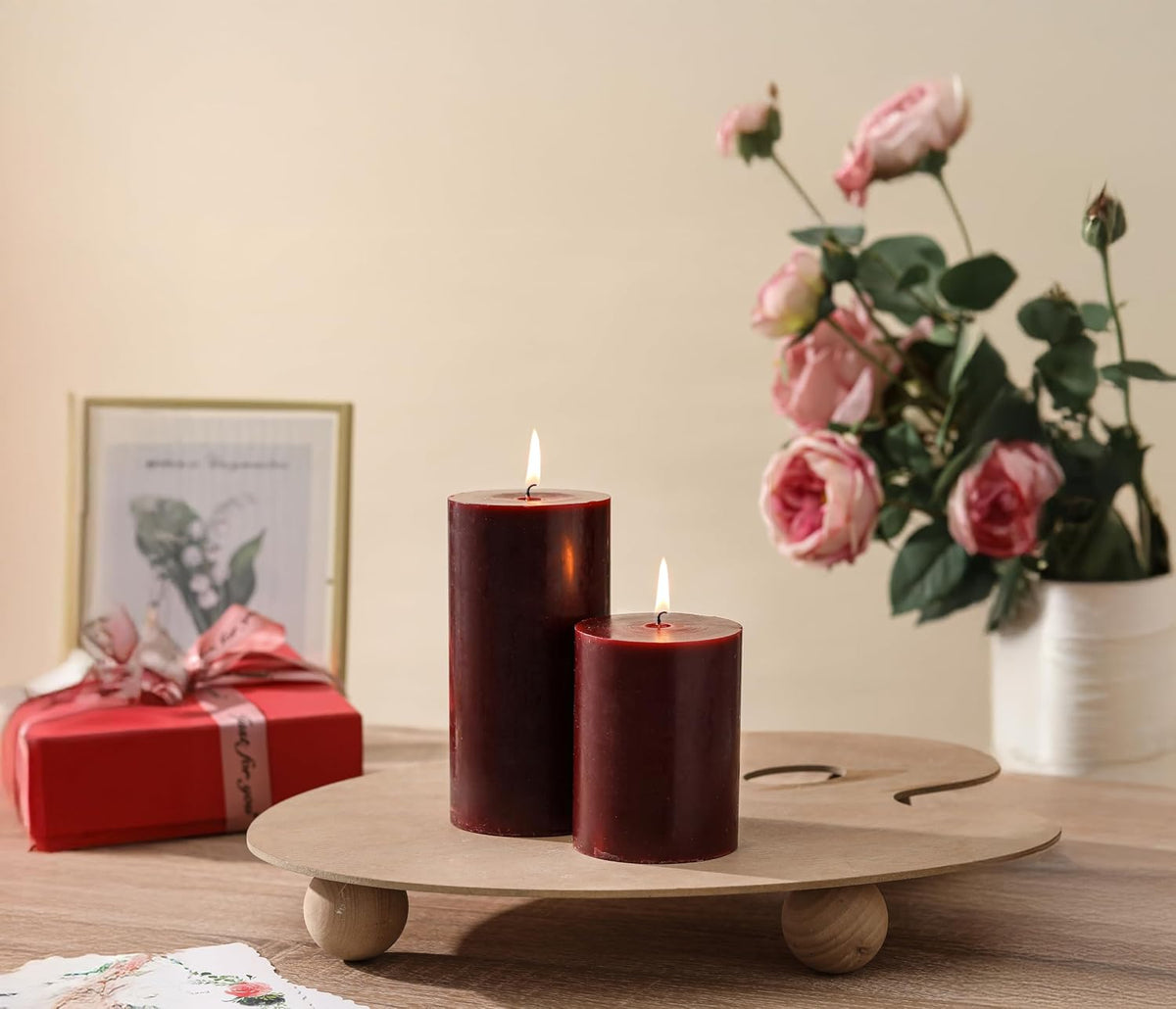 3x6 Inch Burgundy Pillar Candles Set of 3,Unscented Dark Red Pillar Candle