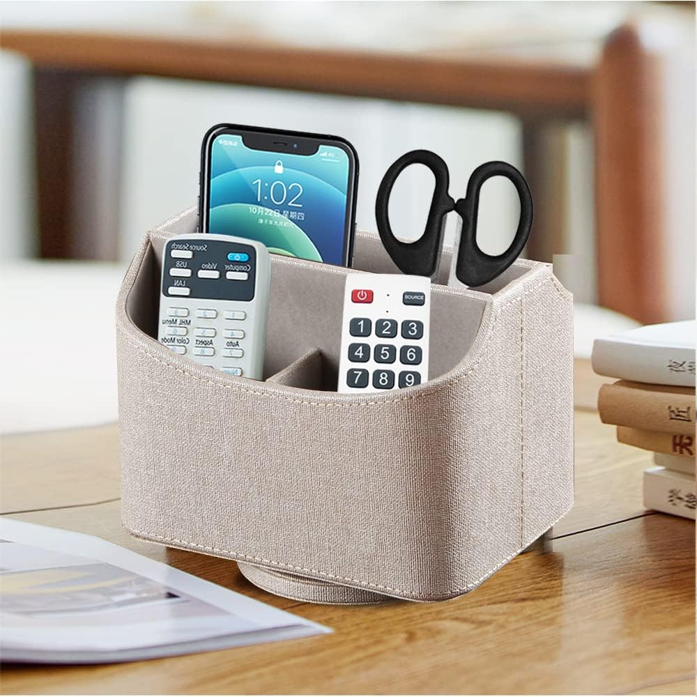 360° Rotating Remote Control Holder, PU Leather TV Remote Caddy, Pen Holder.Nightstand Organizer Storage Box with 5 Compartments for Pencil, Art Supplies, Makeup Brush, Office Desk Table Accessories