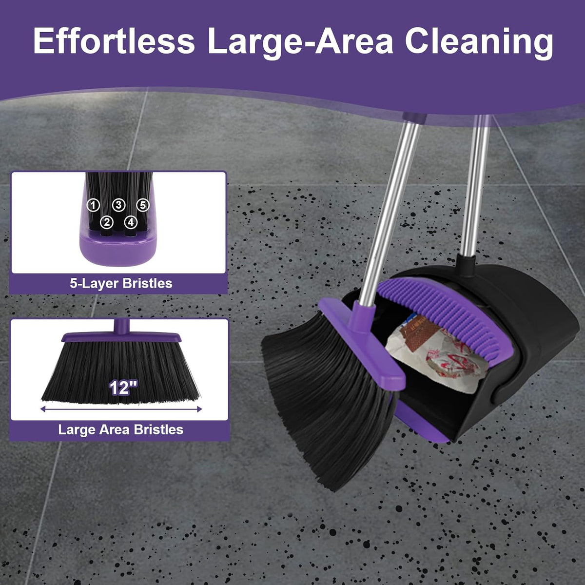 Broom and Dustpan Combo Set, 51" Long Handle Broom with Squeegee