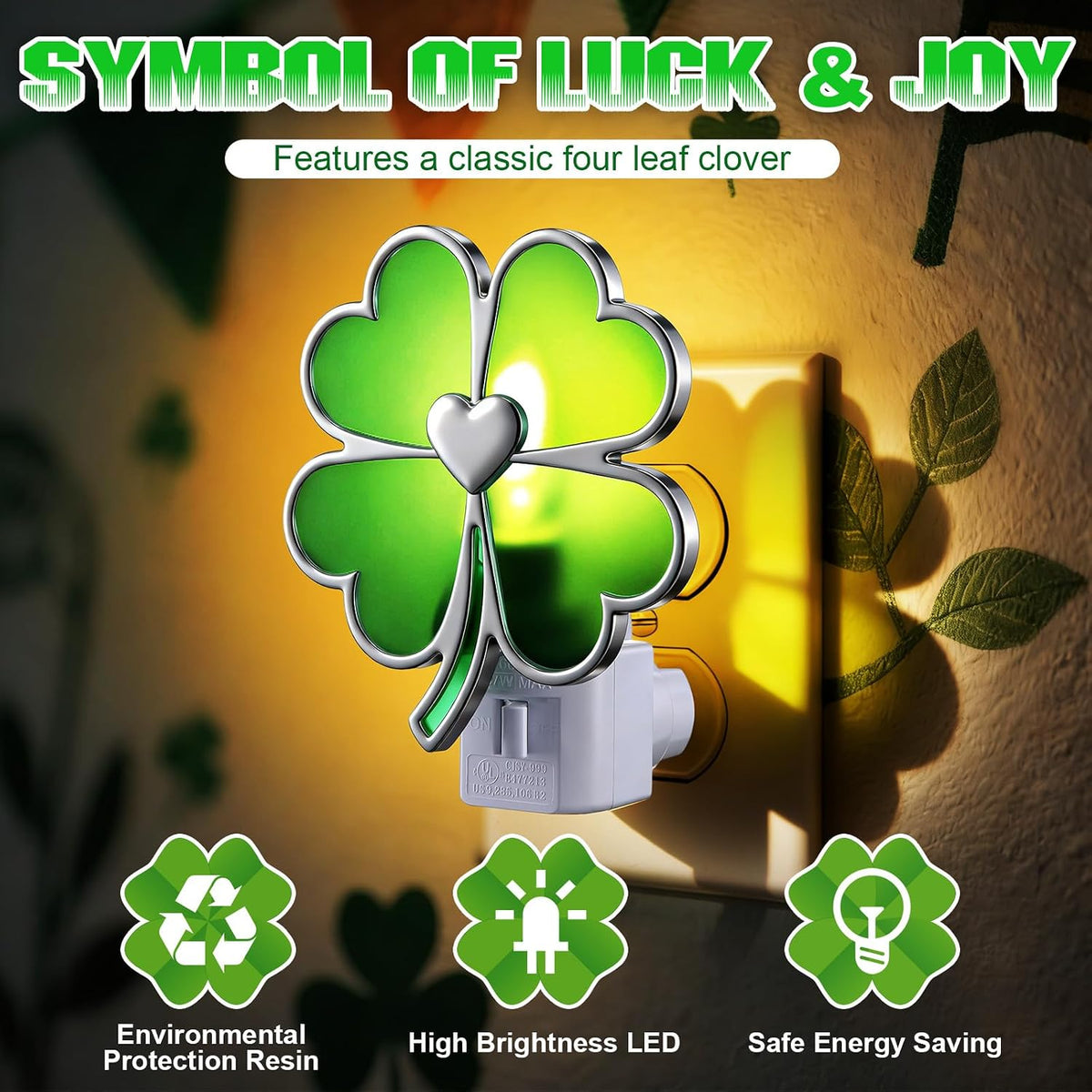 Hohean St. Patrick's Day Lucky Four Leaf Clover Night Light – UL Listed Plug in Irish Decor Lamp with C7 LED, 360° Rotating Plug for Bedroom, Bathroom & Hallway – Green Holiday Lighting Gift