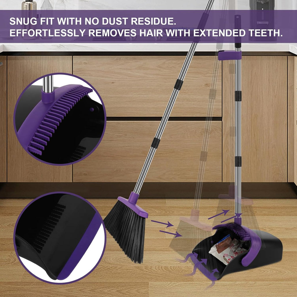Broom and Dustpan Set with Long Handle, 55" Broom, Pet Hair Rubber Lip Upright Dustpan with Built-in Comb, Standing Dust Pan Set for Home Kitchen Office Indoor Outdoor