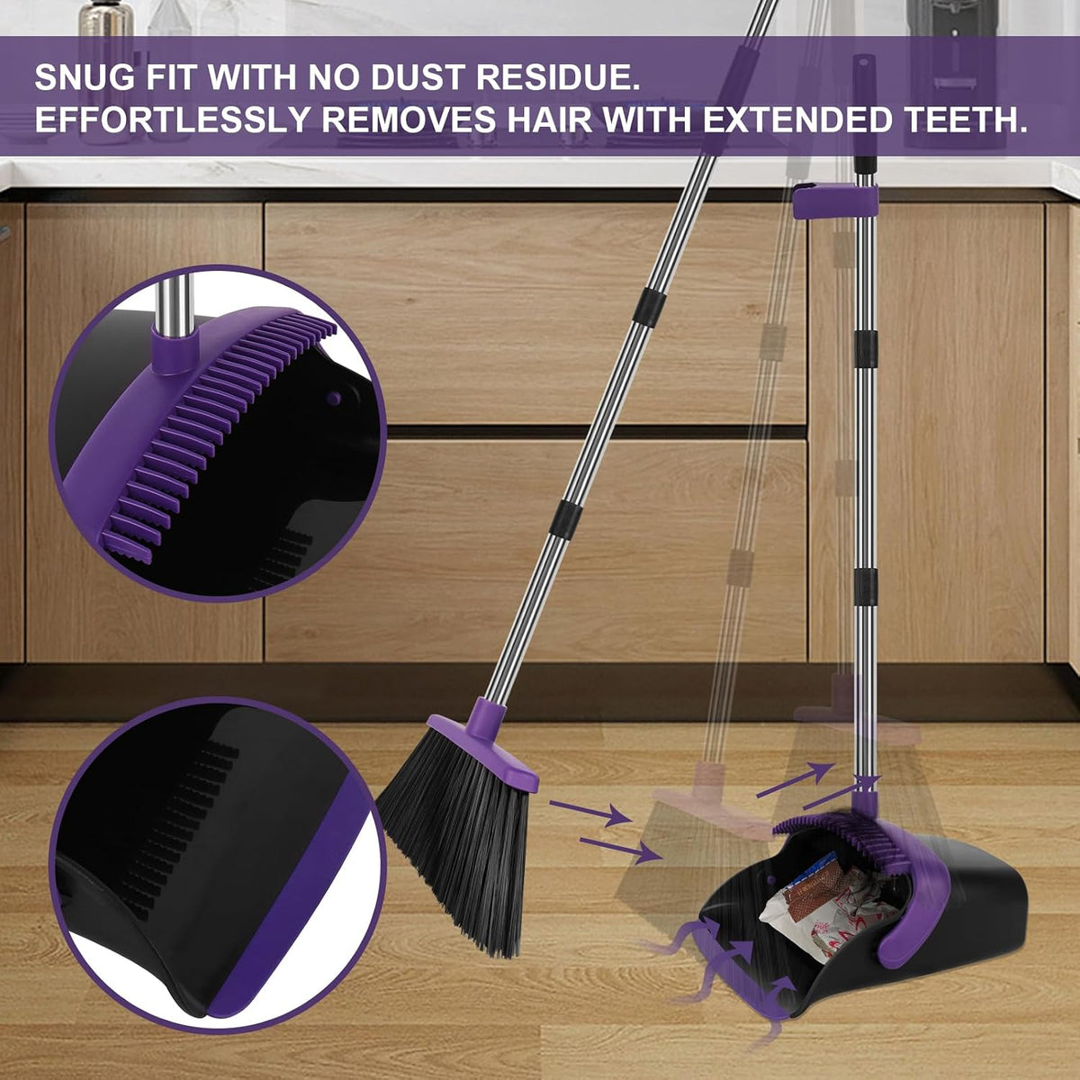 Broom and Dustpan Set with Long Handle, 55" Broom, Pet Hair Rubber Lip Upright Dustpan with Built-in Comb, Standing Dust Pan Set for Home Kitchen Office Indoor Outdoor