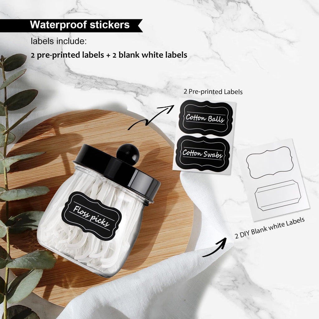 SheeChung 2 Pack Acrylic Mason Jar Qtip Holder Dispenser with Labels, Black