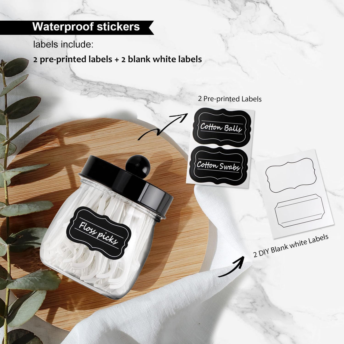 SheeChung 2 Pack Acrylic Mason Jar Qtip Holder Dispenser with Labels, Black