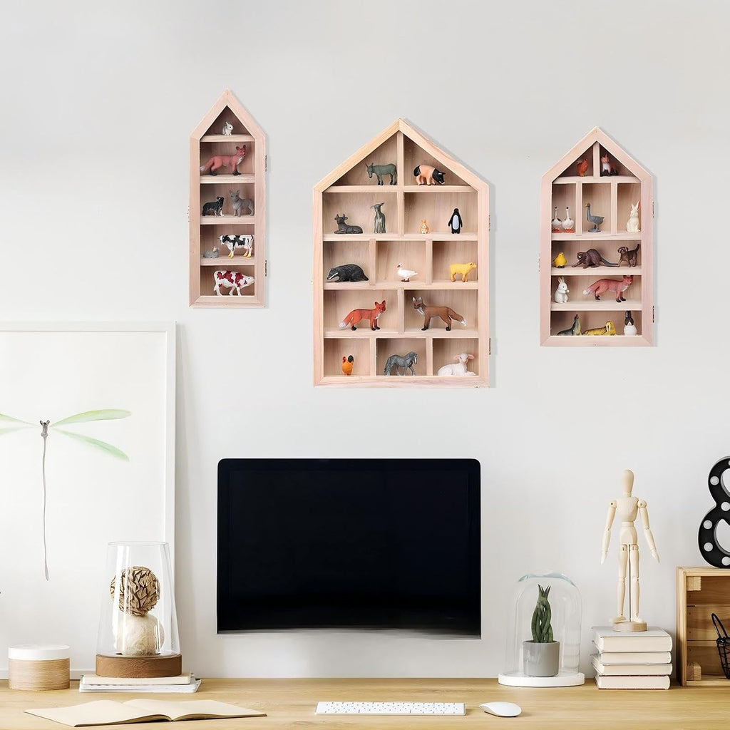 DoubleFill 3 Pcs Trinket Shelf Shadow Box, Wood Color, House Shape