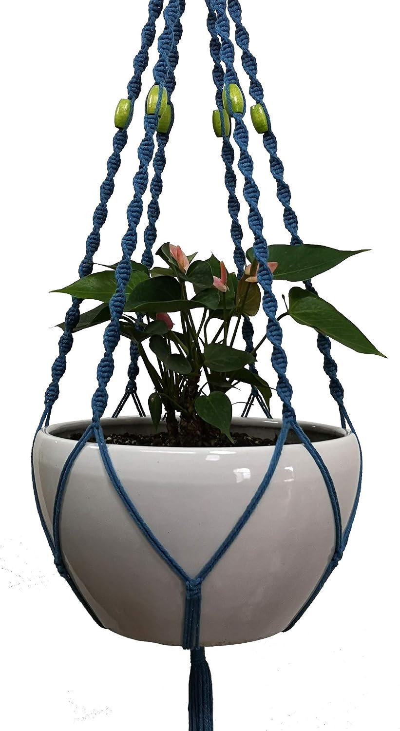 6 Legs Macrame Natural Jute and Cotton Plant Hanger & Holder and Metal Ring, 51-inches Length (Without the White Pot and Plant) (Turquoise)