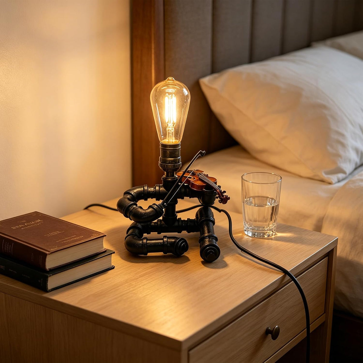 Industrial Pipe Violinist Table Lamp, Black Metal