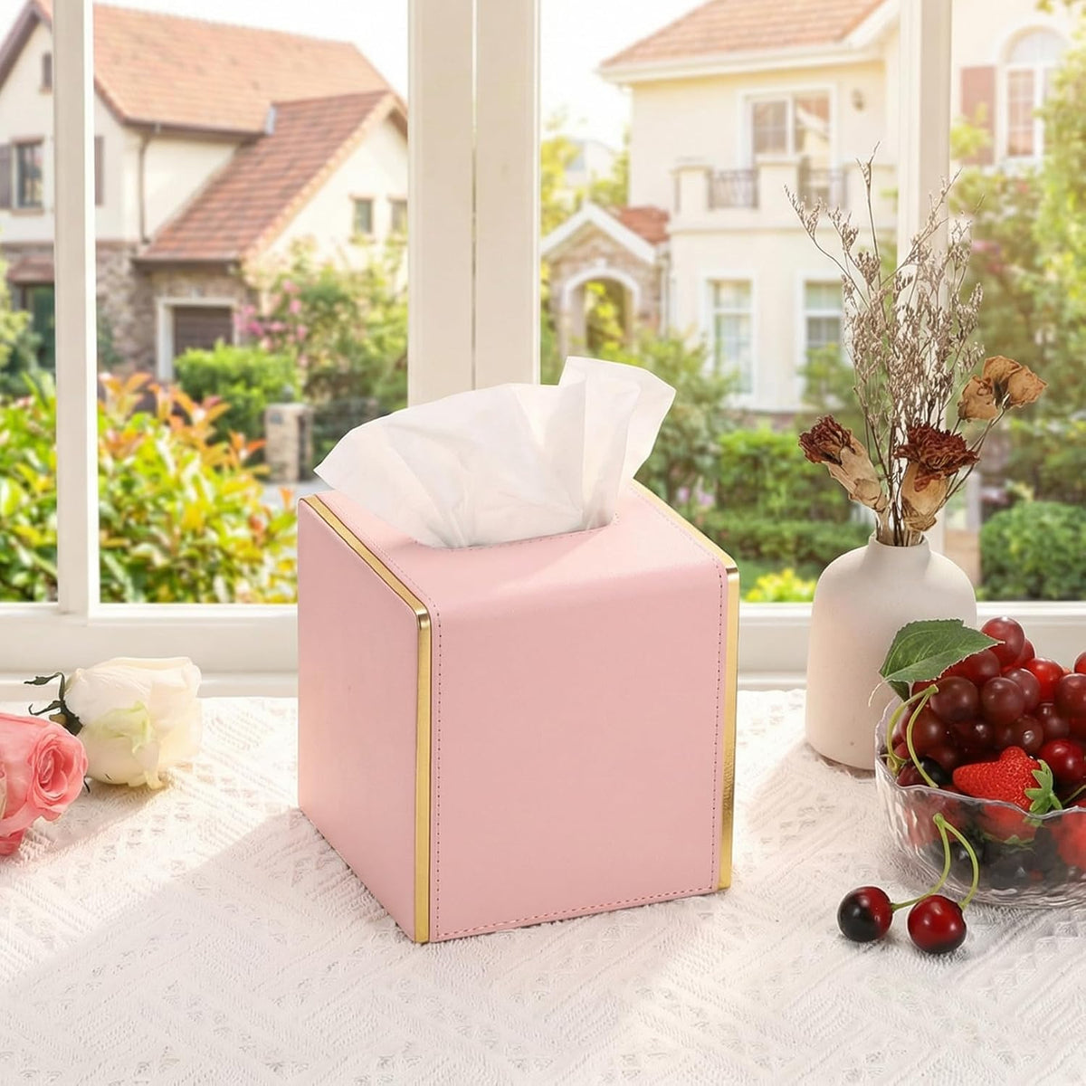 Sumnacon PU Square Tissue Box Cover, Magnetic Bottom, Waterproof, Pink