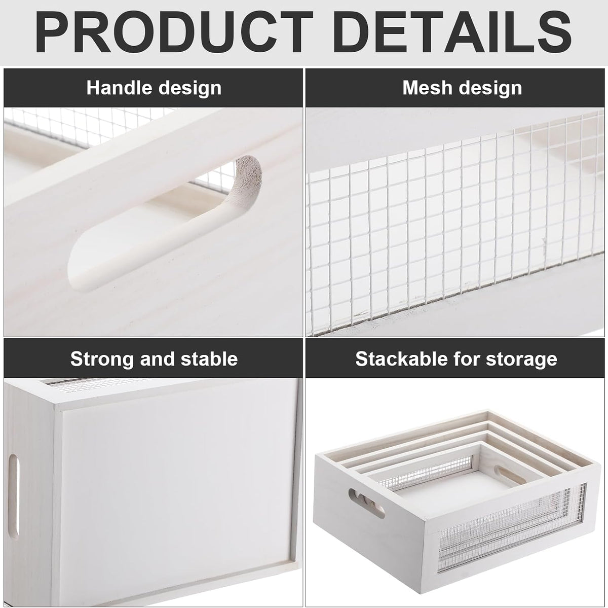 FillTouch 4 Pcs Wooden Nesting Countertop Baskets, White, Small