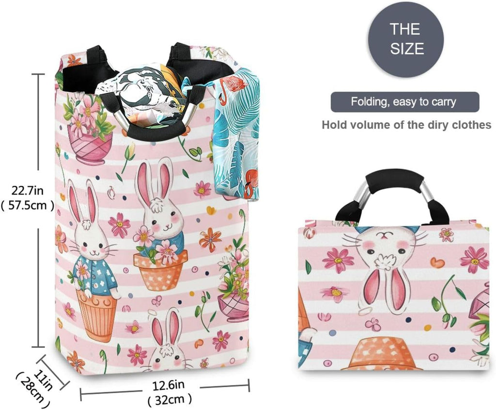 Nander Cute Bunny Laundry Hamper Oxford Cloth Fabric Laundry Basket Collapsible Storage Bin with Aluminum Circle Handles, Waterproof Inner