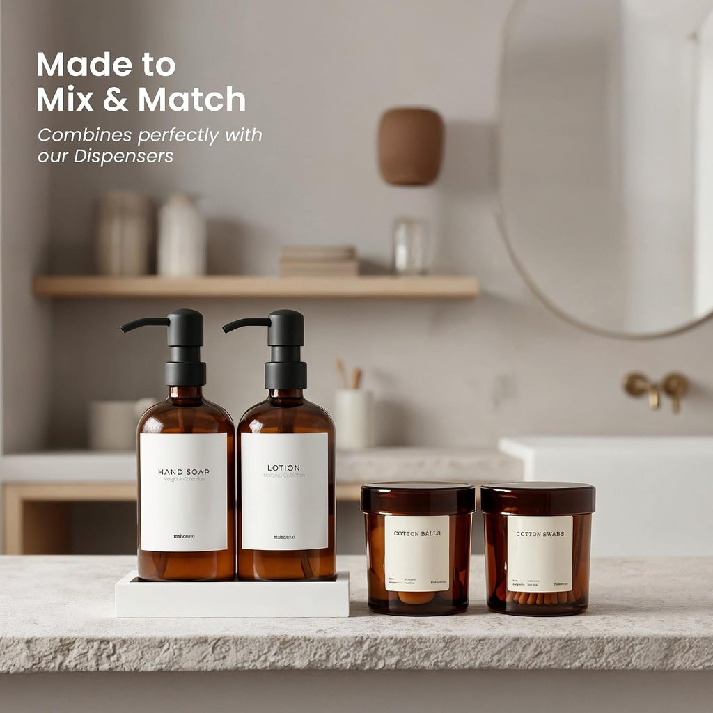 MaisoNovo Glass Bathroom Containers with Lids (Airtight) - Qtip Holder - Apothecary Jars for Cotton Rounds, Swabs, Balls, Pads - Amber Q Tip Dispenser - 2 pcs Bathroom Canisters Set for Organization
