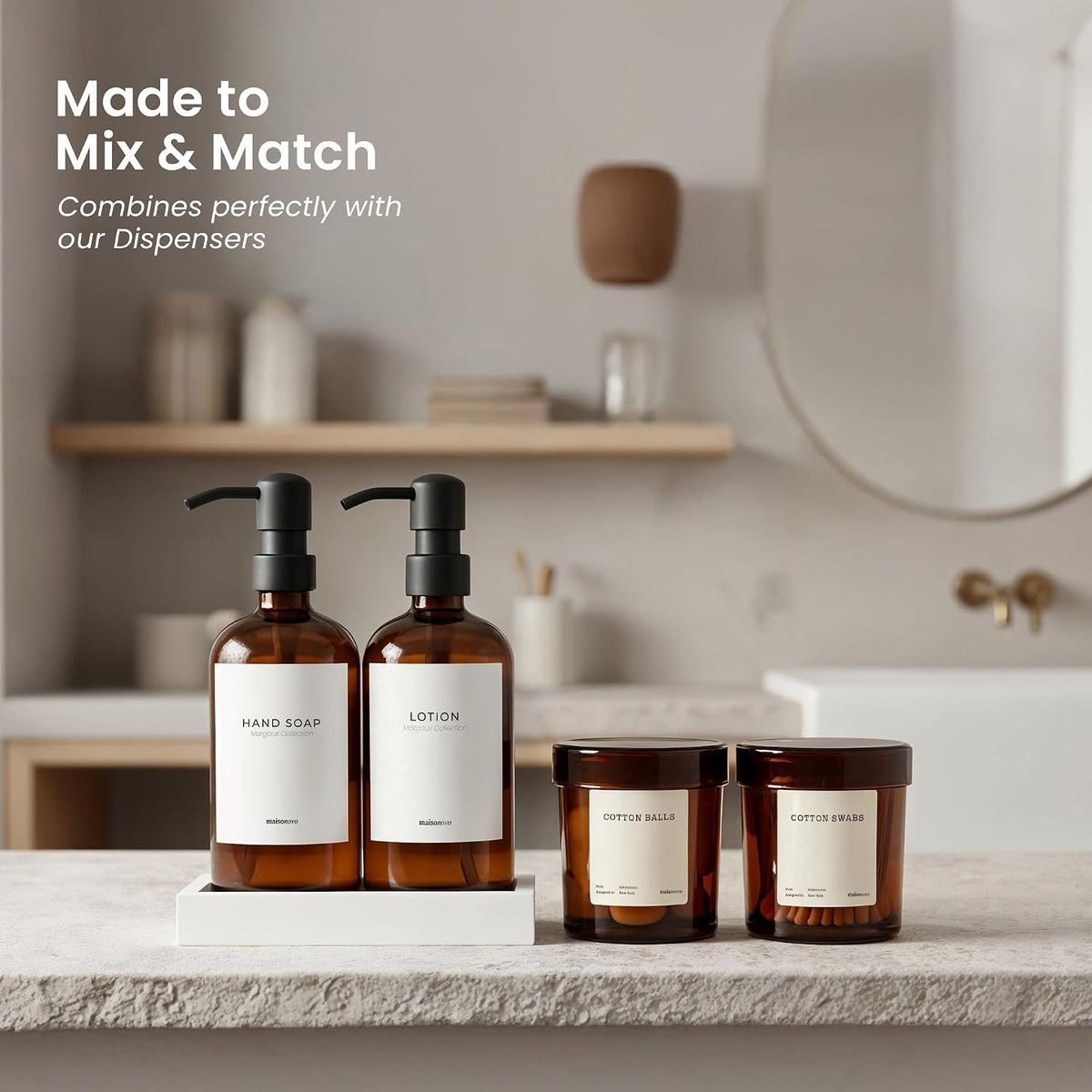 MaisoNovo Glass Bathroom Containers with Lids (Airtight) - Qtip Holder - Apothecary Jars for Cotton Rounds, Swabs, Balls, Pads - Amber Q Tip Dispenser - 2 pcs Bathroom Canisters Set for Organization