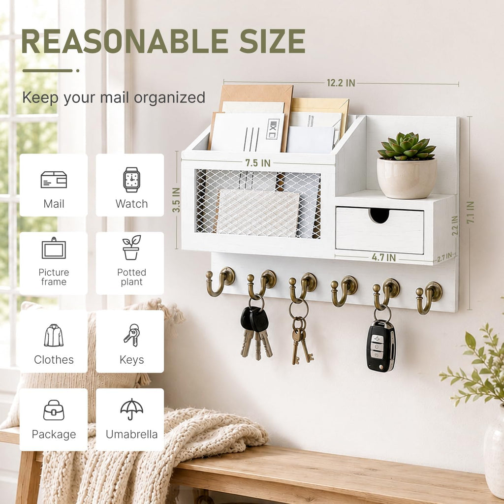 FifthQuarter Key Hanger Wall Mount with Drawer and 6 Sturdy Hooks, B-White