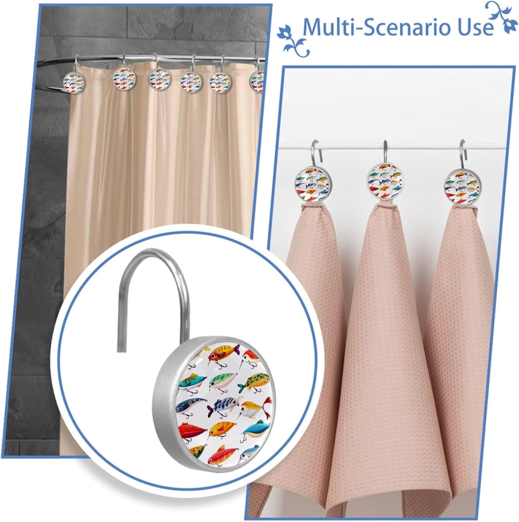 12 Pcs Fishing Lures Shower Curtain Hooks, Decorative Shower Curtain Rings for Bathroom, Stainless Steel Rustproof Curtain Rings Hangers for Shower Curtain Rod