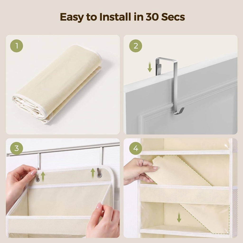 LAMU Over the Door Organizer, Large Capacity Behind the Door Storage with Clear PVC Windows, Back to School Supplies, Stuffed Animal Storage for Dorm Closet Nursery Bathroom Pantry, 4 Tier Cream White