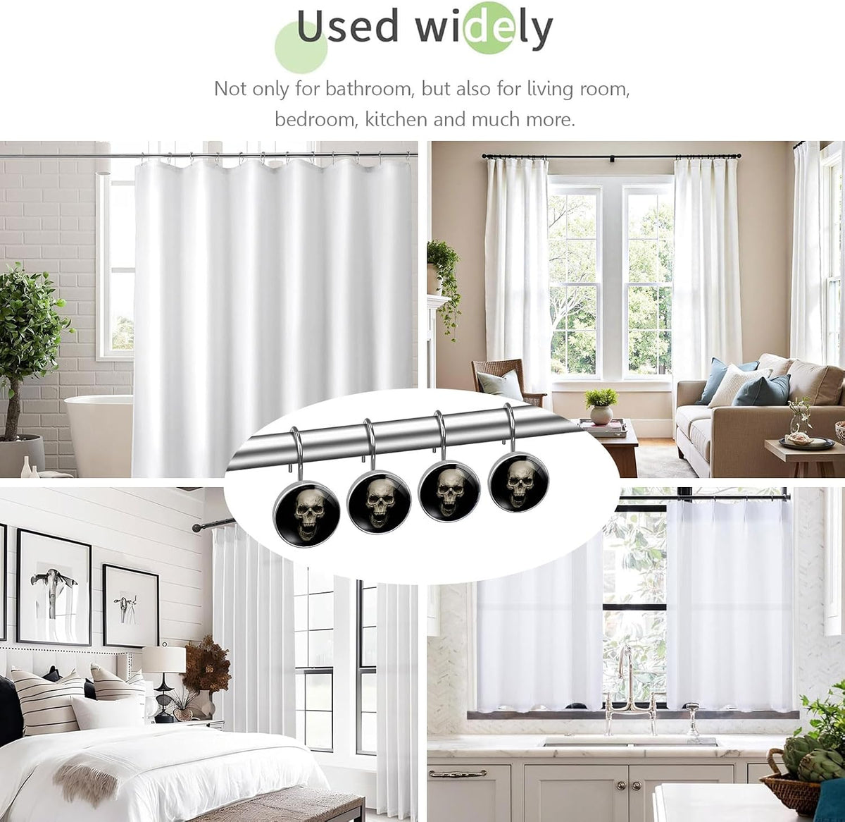 White Skull Shower Curtain Hooks Set of 12