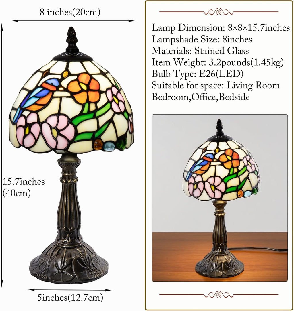 Small Tiffany Style 8 inch Bird Flower Stained Glass Table Lamp