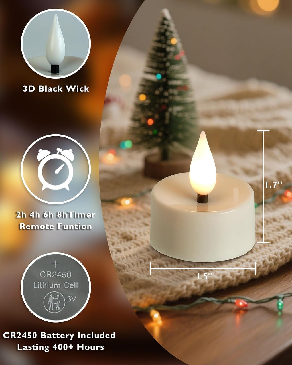 Amagic 12Pcs Flameless Timer Remote 3D Black Wick Tealights Candles, White