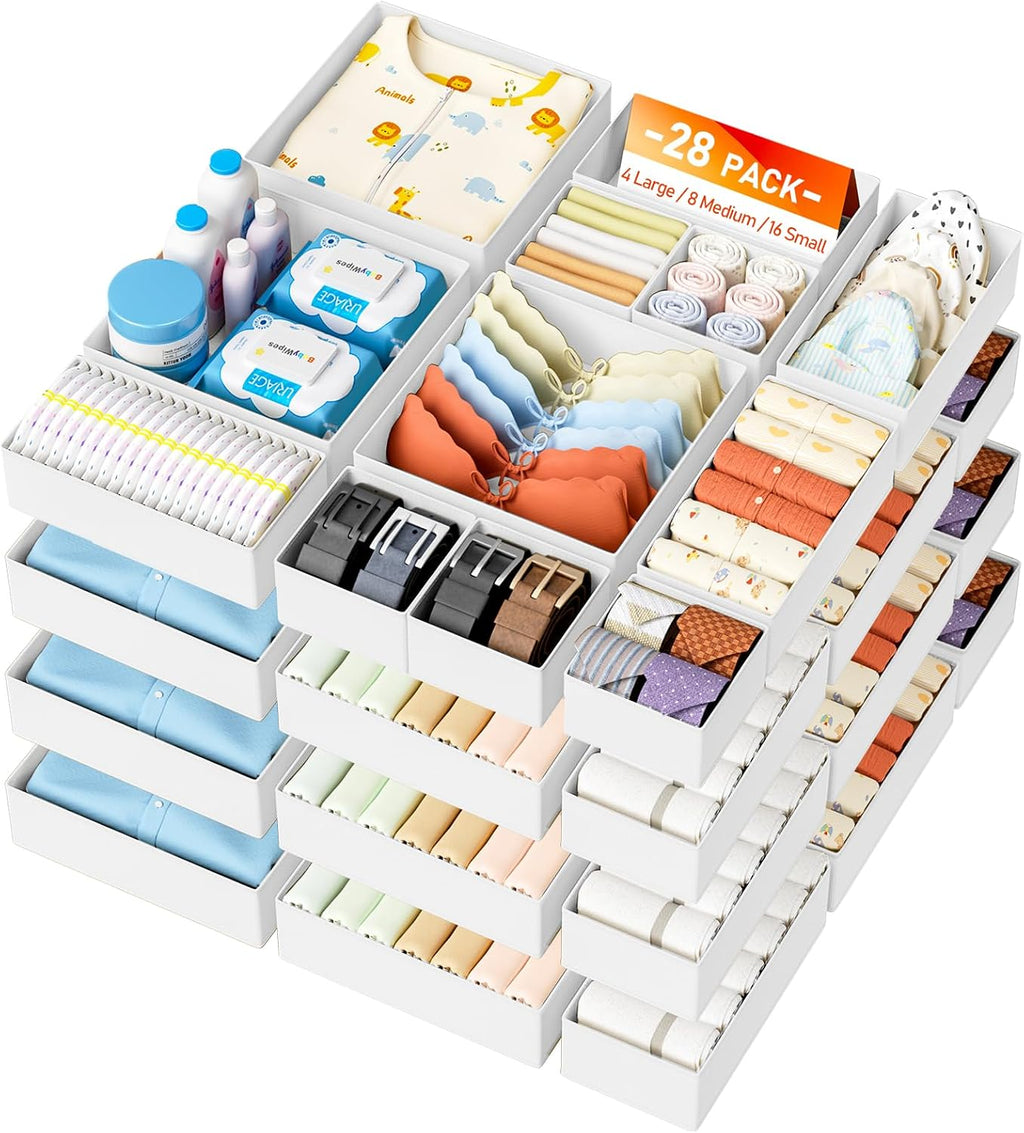 DIMJ Drawer Organizer Clothes 28 Pack - Foldable Baby Organizers and Storage Dresser Organizer for Bedroom, Closet Nursery Organization Dresser Dividers for underwear, Sock, Bra, Belt, Tie