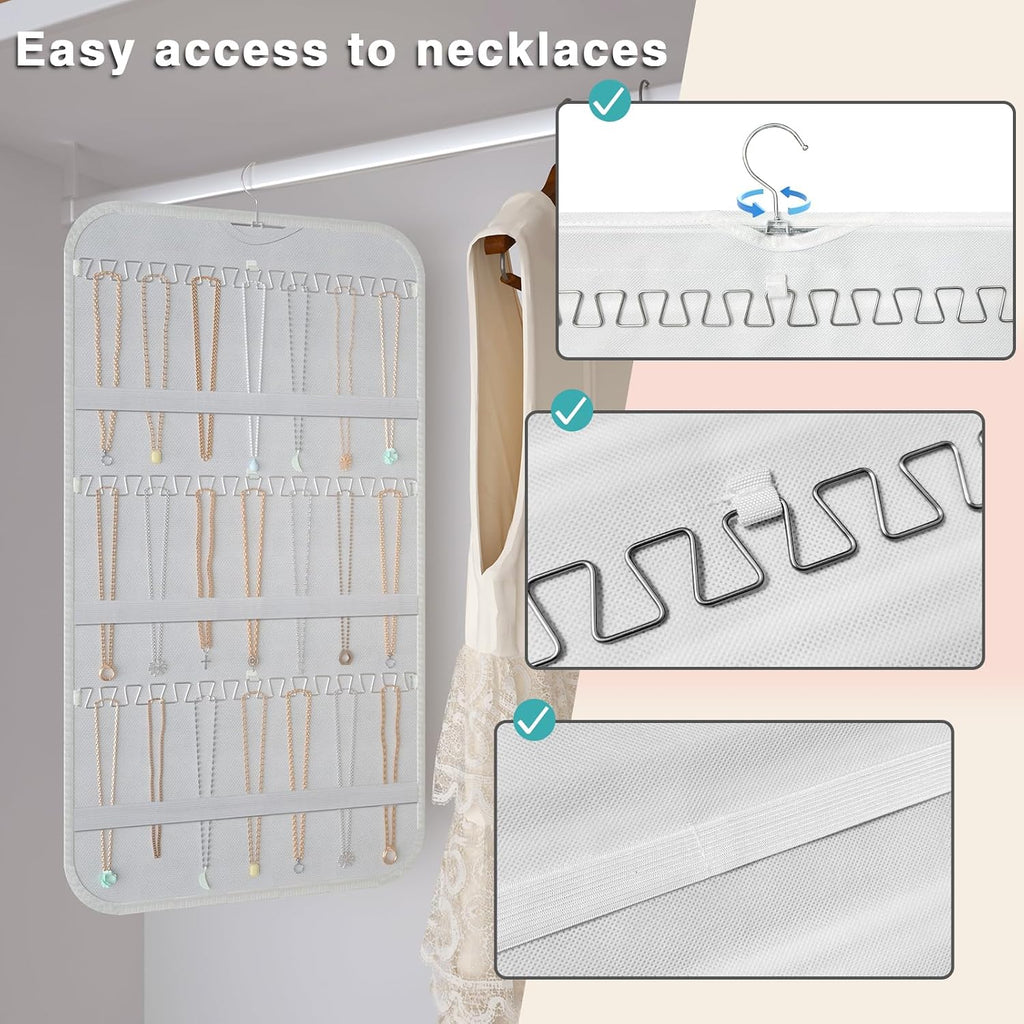 Double-Sided Hanging Jewelry Organizer for Necklaces Earrings, 2-Pack White