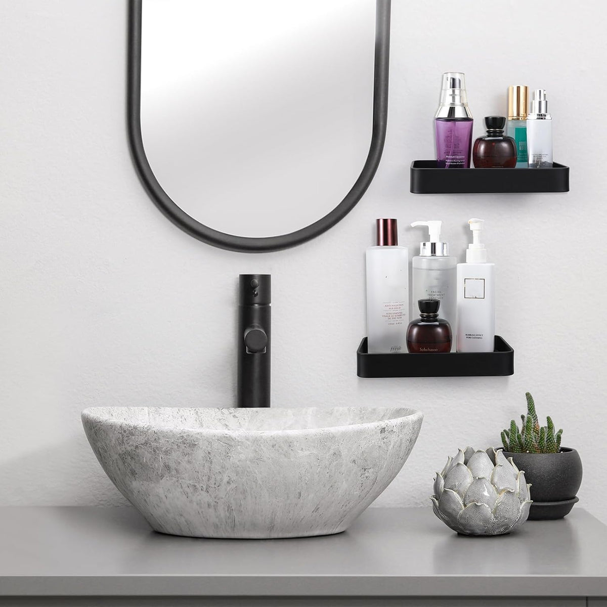 Z metnal Small Glass Bathroom Shelves, Matte Black Floating Shelf, Mini Wall Shelf Organizer, Wall Mounted (Clear Glass, 8 inch/20cm)