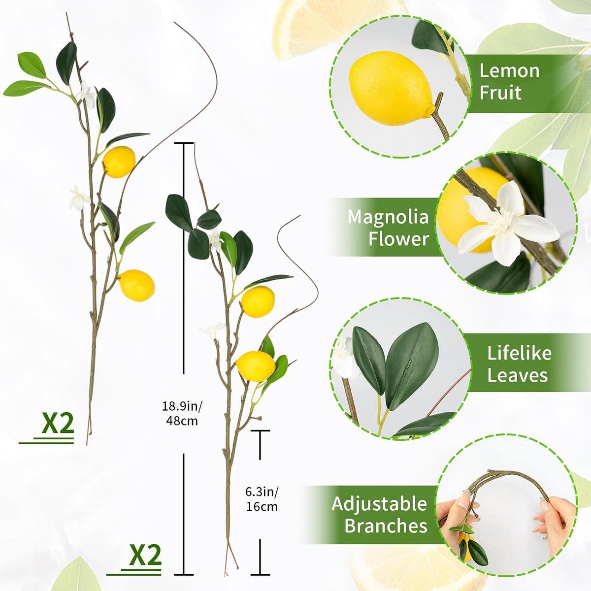 4 PCS 18.9” Artificial Lemon Branches for Kitchen Decor, Faux Yellow Lemons with Magnolia Flower & Willow Stems, Realistic Fake Fruit Picks for Farmhouse Party Decoration and Vase Arrangements