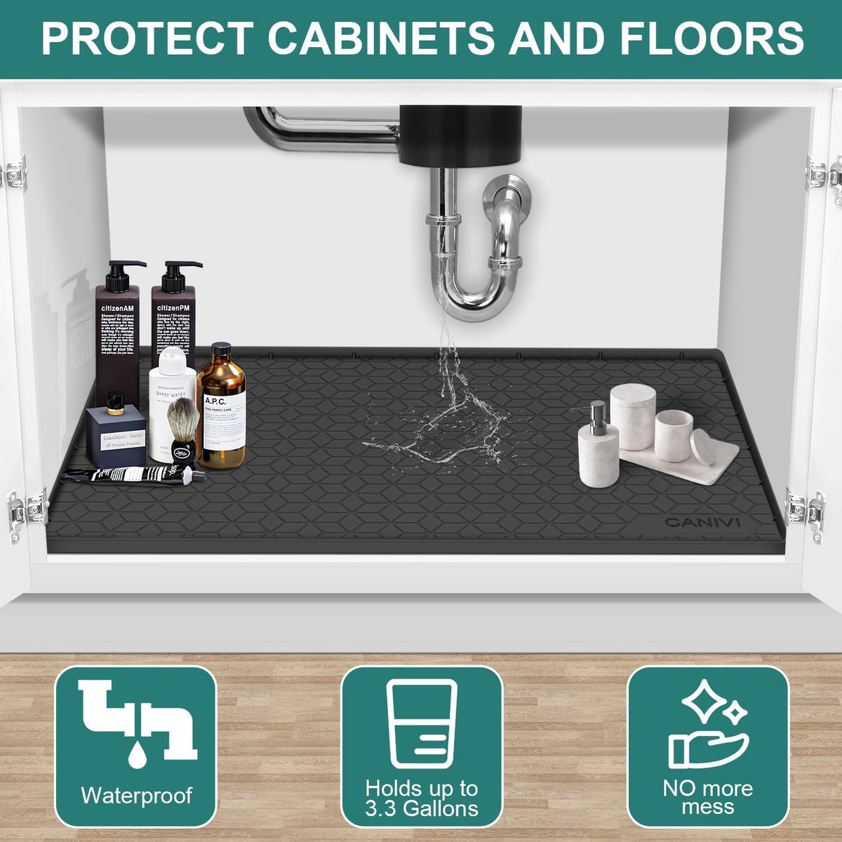 Under Sink Mat, 28"x22" Waterproof Tray for Cabinet, Holds 3 Gal