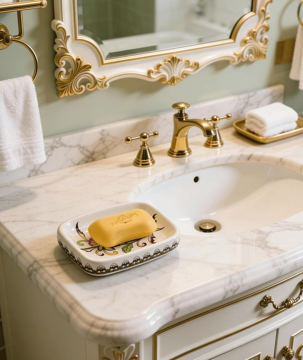 Kelake Ceramic Soap Dish Creative Ice Crack Ceramic Clorful Flower Pattern Soap Dish Holder for Bathroom and Shower Soap Tray Box with Drain Gift for Mum Family