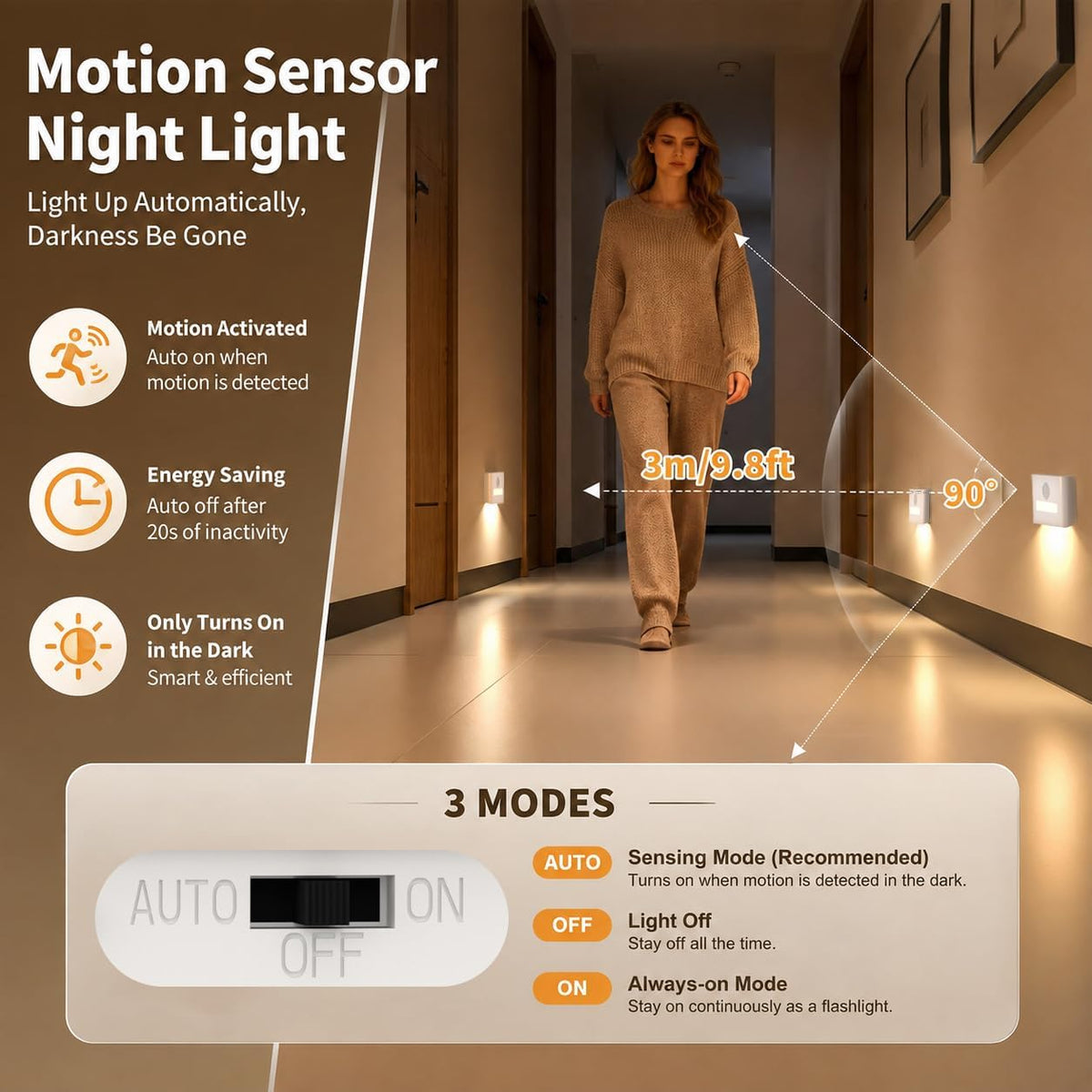 WOBSION Rechargeable Motion Sensor Stair Lights, Stick-On Wall Light