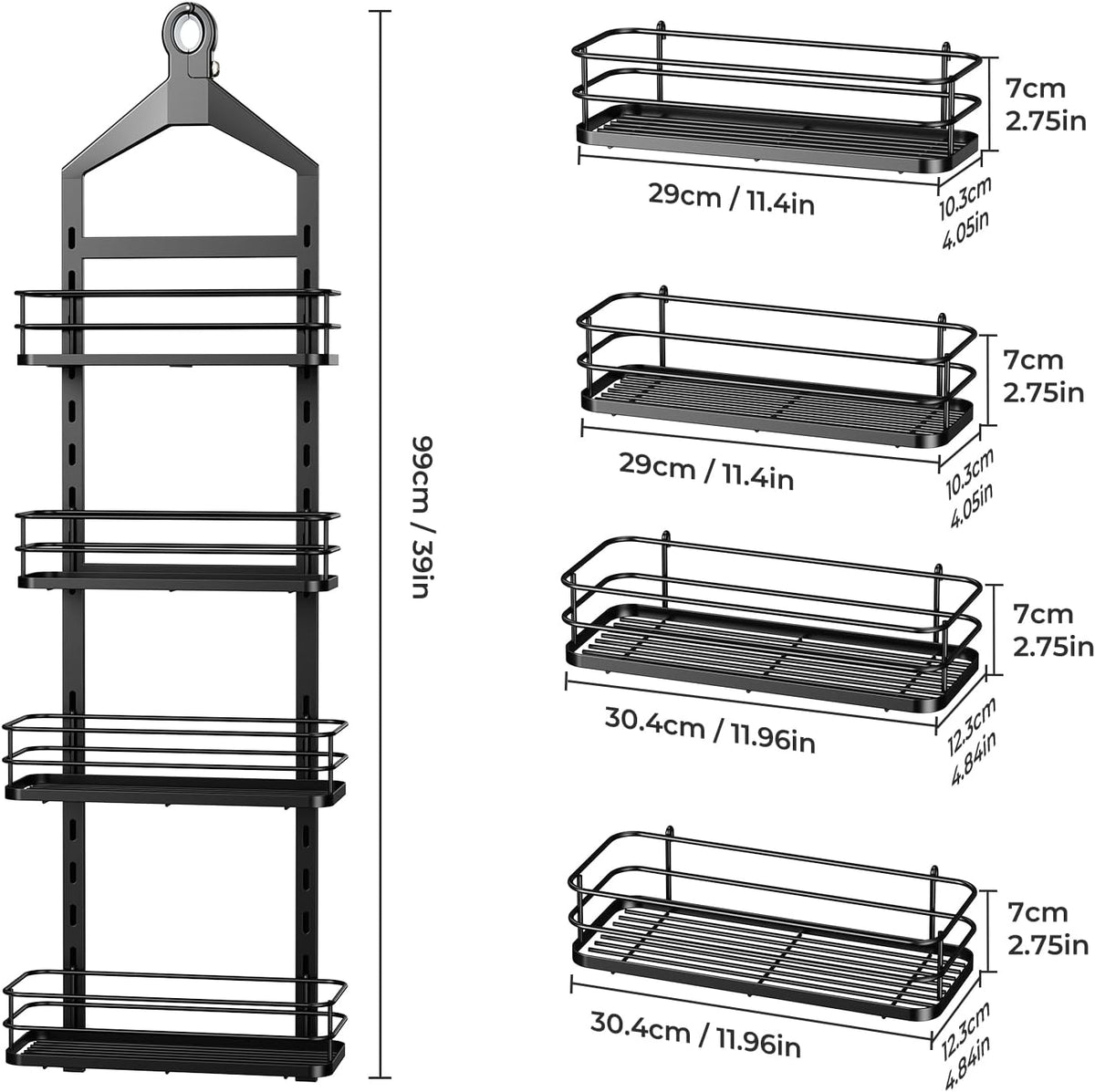 ODesign 4 Tier Adjustable Shower Organizer Hanging Over Showerhead Black