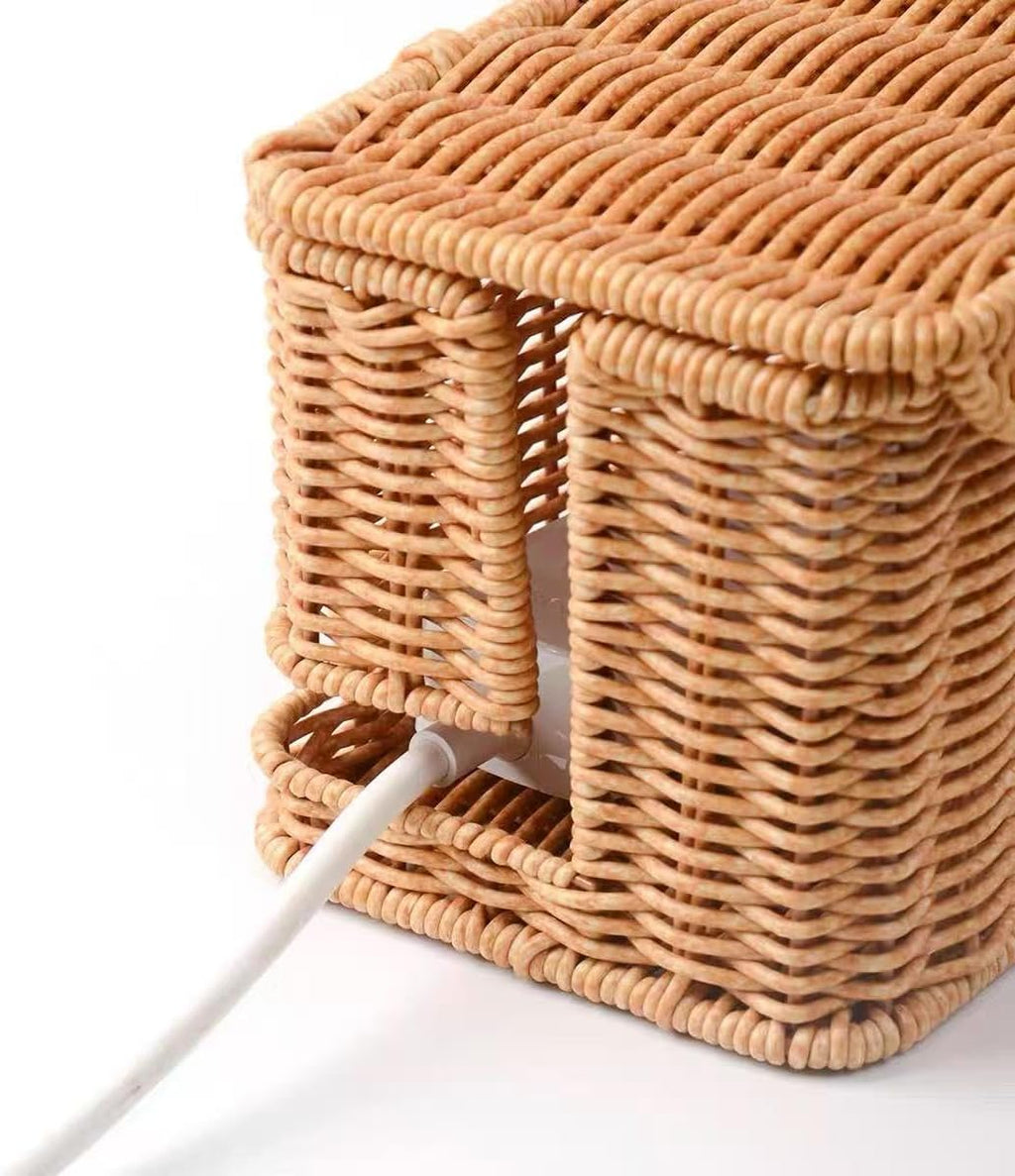 Plastic Rattan Cable Management Box Handmade,Scalloped Cord Hide Basket