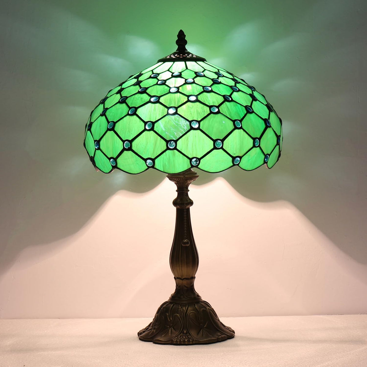 Stained Glass Table Lamp, Green Pearl Style, 12X12X19 Inch
