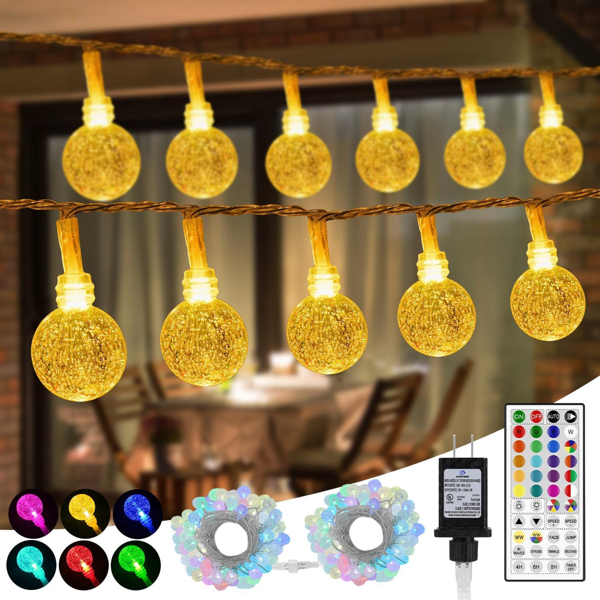 OMIKA Globe Outdoor String Lights Plug in, Connectable 66ft 120LED Crystal Ball Light Waterproof Remote, Warm White & Multicolor Twinkle Lights for Patio Umbrella Tent Garden Party Christmas Décor
