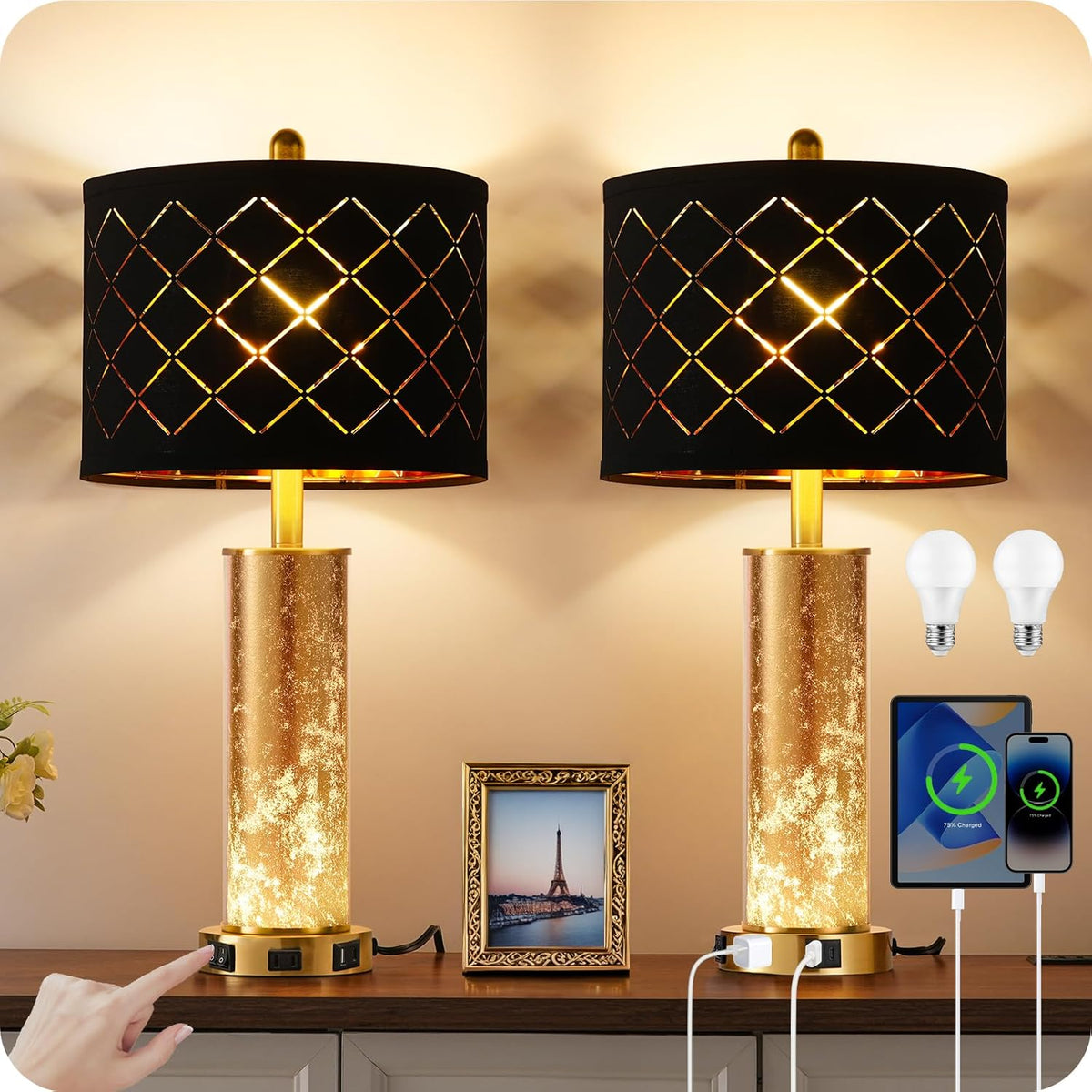25.6" Black Table Lamps Set of 2, Tall Bedside Lamps with Nightlight, Modern Nightstand Lamp with USB Ports, Desk Lamp for Bedroom, Living Room, Office, LED Bulbs Included B01TL05
