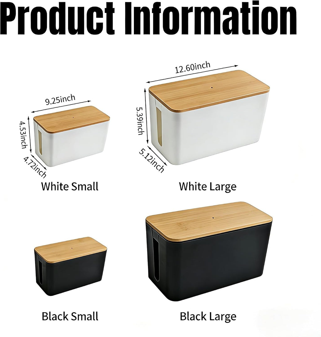 1Large+1Small Cable Organizer Set with 4 Silicone Cable Ties, 2-Piece Cable Management Box, Bamboo Lid Cord Organizer for Home Office,Set of Two Cable Box,Cable Organizer Box(Bamboo lid/White)