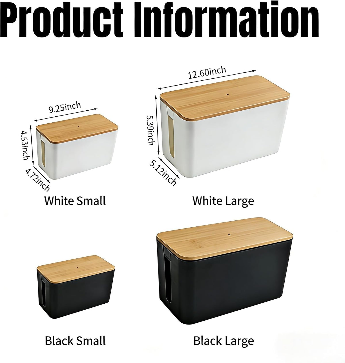 1Large+1Small Cable Organizer Set with 4 Silicone Cable Ties, 2-Piece Cable Management Box, Bamboo Lid Cord Organizer for Home Office,Set of Two Cable Box,Cable Organizer Box(Bamboo lid/White)