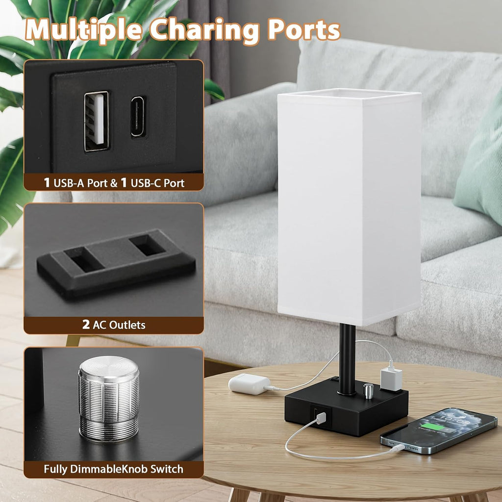 White Bedside Table Lamps Set of 2 - Dimmable, USB C+A, 2 AC Outlets